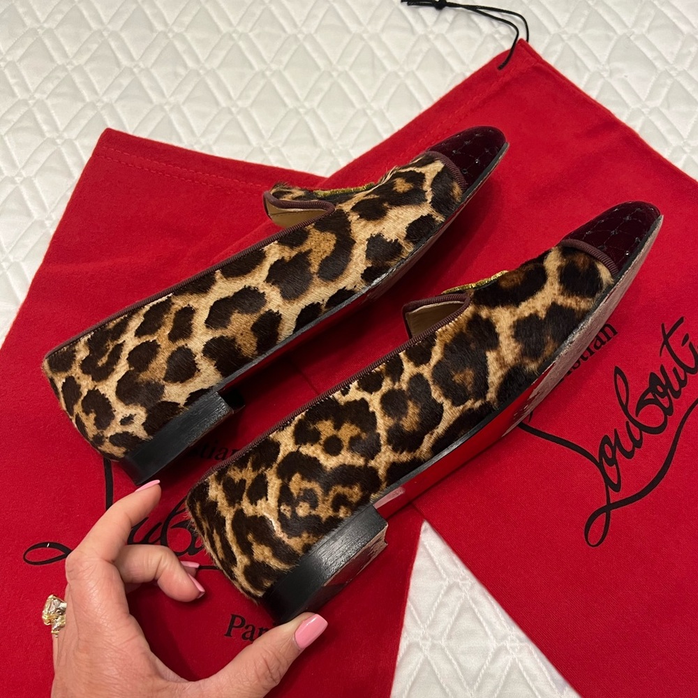 Christian Louboutin Leopard Print Embroidered Flats with Red & Green Accents - Picture 11 of 12